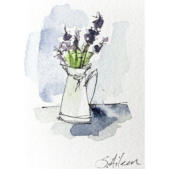 ACEO Painting Watercolor Ink Lavender Purple Flower in Vase Botanical Signed - Picture 1 of 2